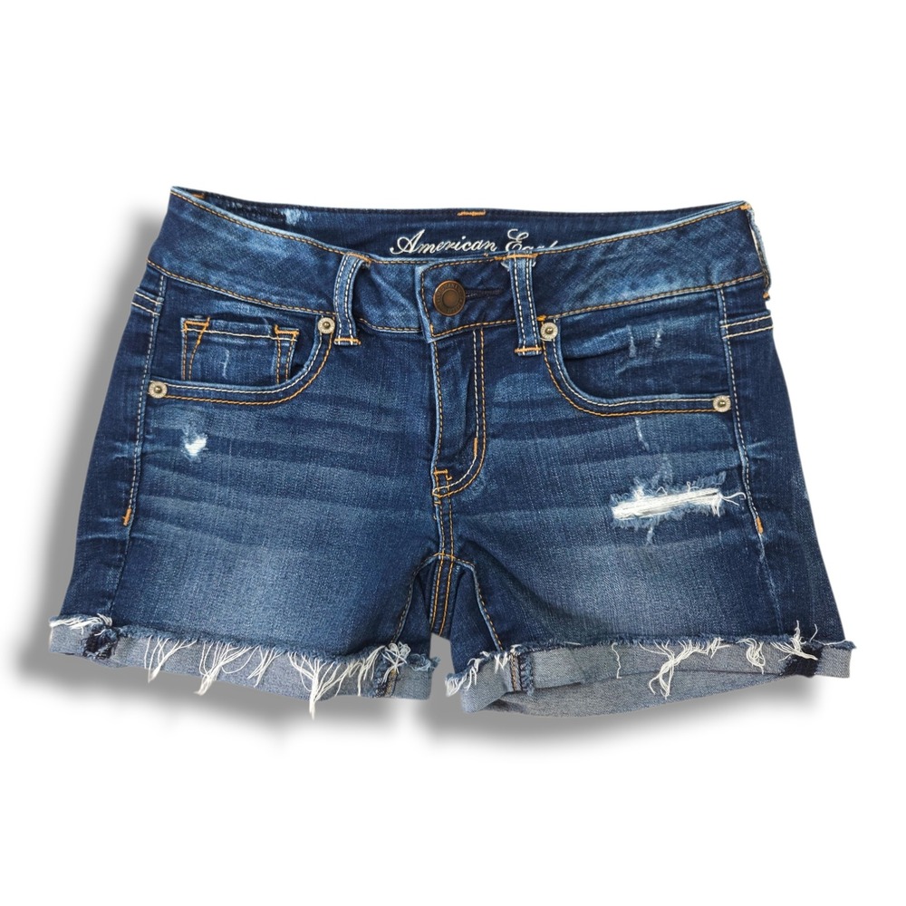 American Eagle Super Stretch Mid Rise Distressed Cutoff Denim Shorts Dark Wash 2